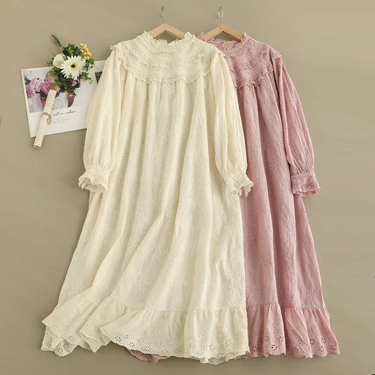 Spring Sweet Mori Girl Hollow Out Embroidered Dress Women Harajuku Long Sleeve Casual Midi Dresses