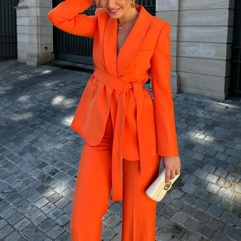 Office Ladies Solid Colour Suit Suit Women's Long Sleeve V-Neck Pleated Suit + High Waisted Wide Leg Trousers 2024 Fashion Suit