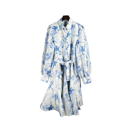 Lightweight Blue Printed Dress with Lace-up Waist Shirt Collar Ruffle 25 Spring and Summer New Style Dresses for Women Elegan