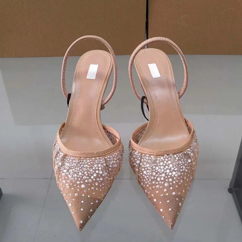 2024 Summer New Women's Sandals Water Diamond Bright Mesh High Heels Footwear Elegant Slingback Pointed Slip on Party Lady Shoes