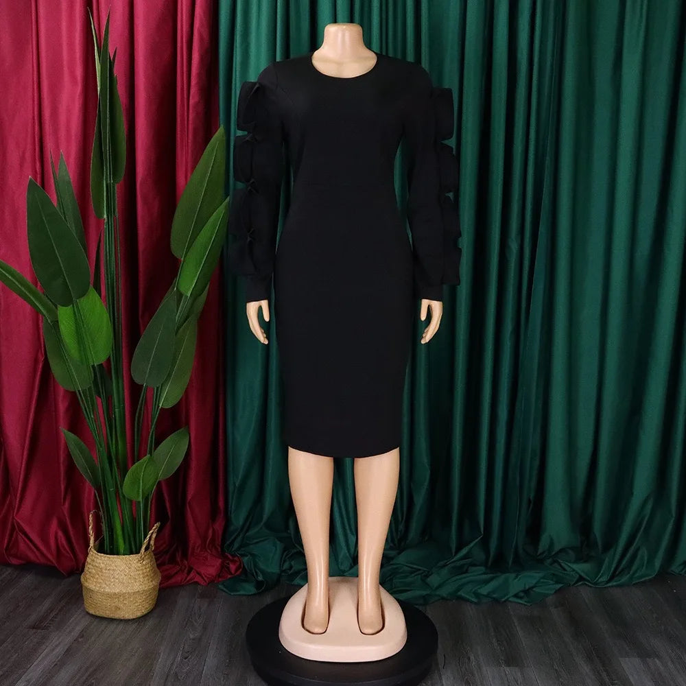 Elegant Office Dresses for Woman 2024 New O Neck Petal Sleeve Sheath Package Hips Mid Calf Formal Business Work Wear Dress Midi