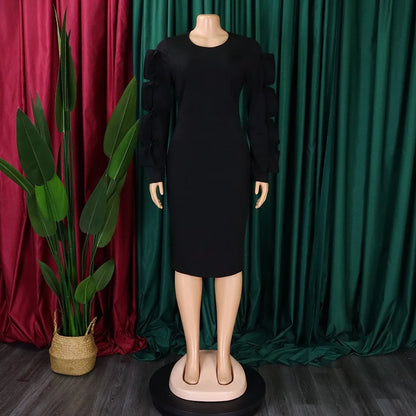 Elegant Office Dresses for Woman 2024 New O Neck Petal Sleeve Sheath Package Hips Mid Calf Formal Business Work Wear Dress Midi