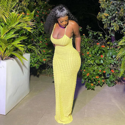 ANJAMANOR Halter Backless Maxi Summer Dresses for Women 2023 Sexy Beach Vacation Outfits Yellow Frilled Slit Long Dress D96-BH26