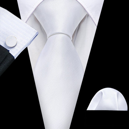 Barry.Wang Black White Gray Silver Silk Men Tie Handkerchief Cufflinks Set Jacquard Necktie for Male Wedding Business Party Gift