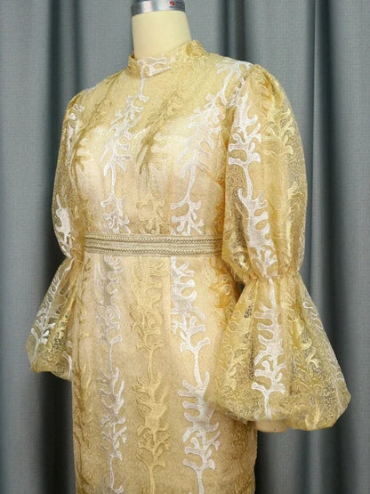 Gold Embroidery Sequin Dresses for Women Stand Collar Cute Puff Long Sleeve Luxury Midi Dress Modest Chic 2025 Party Event Gowns