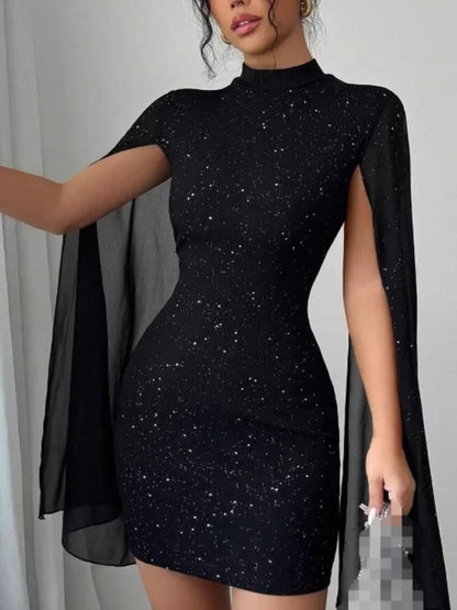 Spring New Party Tight Sexy Dress Women O Neck Solid Fashion Sequin Cape Mesh Women's Mini Skirt With Hip Wrap Dress Vestidos