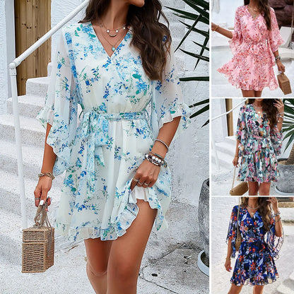 Spring Summer New Women Dress Fashion Elegant Printed Strappy Lace-Up V-neck Fairy Skirt Female Girls Gathering Party Date Dress