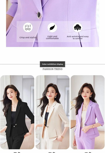 2024 Summer New Women's Petite Casual Seven-Half Sleeve Professional Workwear Purple Thin Suit Jacket Pants Set