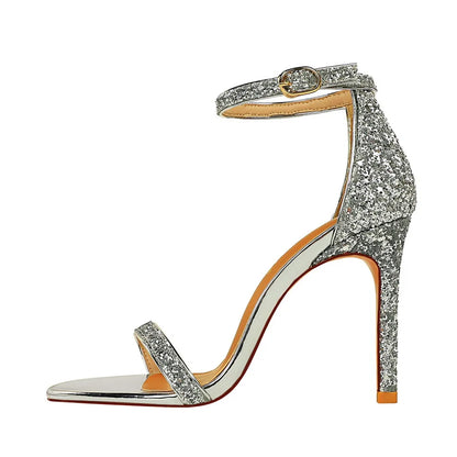 Women Summer Platform Sandals 10cm High Heels Silver Bling Sequins Ankle Strappy Sandles Lady Wedding Event Party Sparkly Shoes