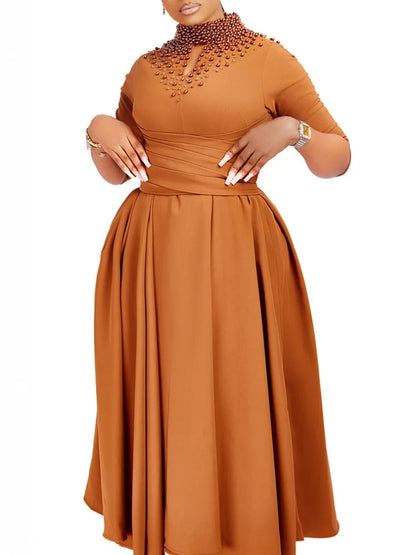 Turtleneck Beaded Elegant Dress Women's Fashion 3/4 Sleeve High Waist Midi African Dress Big Size Outfit Woman Festival Clothing