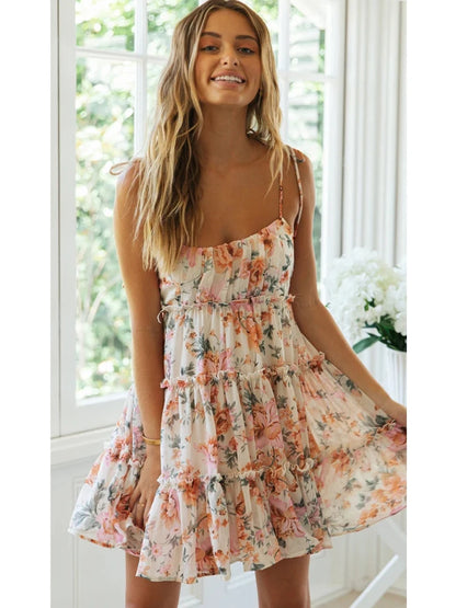 Spring Summer Print Floral Dress for Women Chiffon Strapless Sleeve Backless Ruffles Mini Dress Chic Lady Beach Vacation 2025 Fa