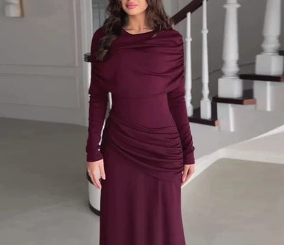 Womens Dresses  Spring New Round Neck Long Sleeves Elegant Temperament Ruched Waist Cinching Skinny Evening long Dress