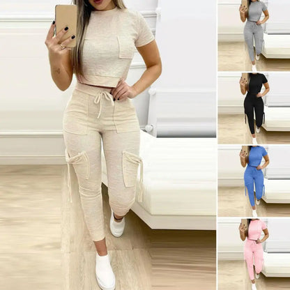 2Pcs/Set Top Pants Set Breathable Sports Outfit Pockets Ladies Sport Outfit Summer Loungewear Suit Trendy Streetwear
