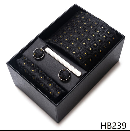 Tie Handkerchief Cufflink Set For Men Necktie Holiday Gift Box Blue Gold Suit Accessories Slim Wedding Gravatas