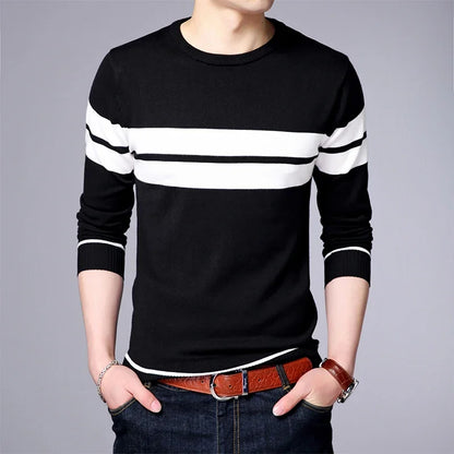 New Men's Casual Long Sleeved Striped Round Neck Knitted Sweater Comfortable Fashionable Breathable and Versatile Top