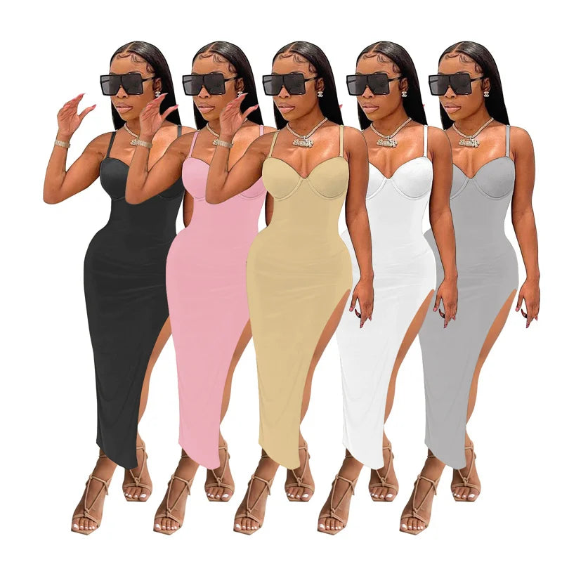 Sexy Side Cut Out Night Party Dresses Women Spaghetti Strap V-neck Backless Slim Bodycon Maxi Dress Elegant Birthday Prom Dress