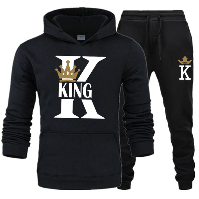 2024 New Autumn and Winter Men's and Women's Sweater Set KING QUEEN Loose Relaxed Hooded Print Couple Set