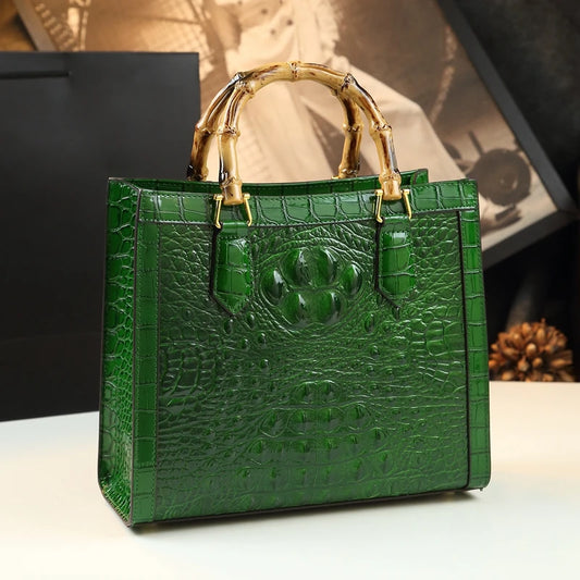 Crocodile Pattern Leather Women's Handbags Bamboo Handle Portable Tote Bag Mom Tide Shoulder Messenger Bags 2025 New Fashion