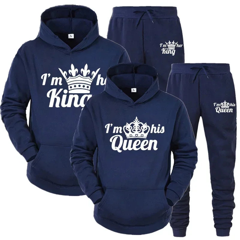 Lover Tracksuit Hoodies Printing QUEEN KING Couple Sweatshirt Hooded Clothes Hoodies Women 2 Piece Set Men Women Sportwear