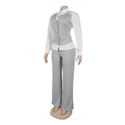 HLJ Elegant Lady Patchwork Shirts Two Piece Sets Women Lapel Long Sleeve Button Top And Pants Outfits Autumn OL 2pcs Clothing