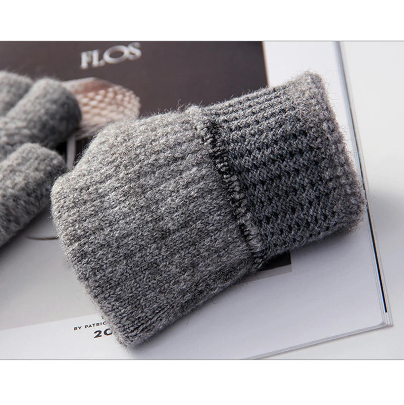 New Men Winter Wool Fingerless Gloves Half Finger Writting Office Knitted Alpaca Warm Leather Label Outdoor Thick Driving Gloves