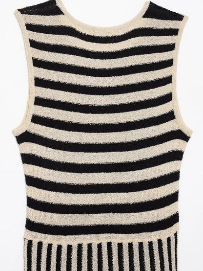 Spring Summer Women Casual Dress Striped Print Dress Round Neck Sleeveless Elastic Office Ladies Dresses Female Long Robe