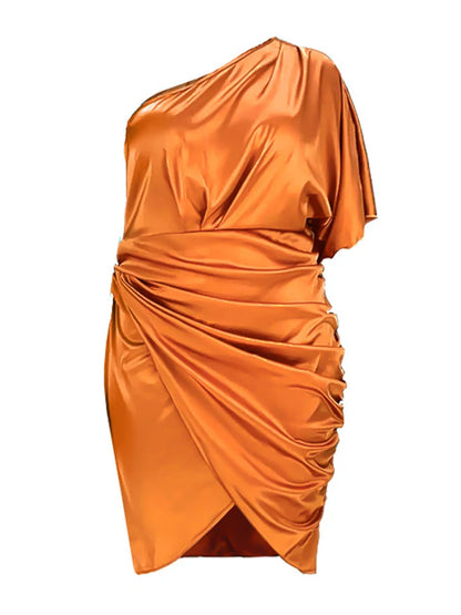 Plus Size Women Clothing One Shoulder Wedding Dress Big Lady Elegant Satin Short Dress Dresses 5xl Wholesale Bulk Dropshipping