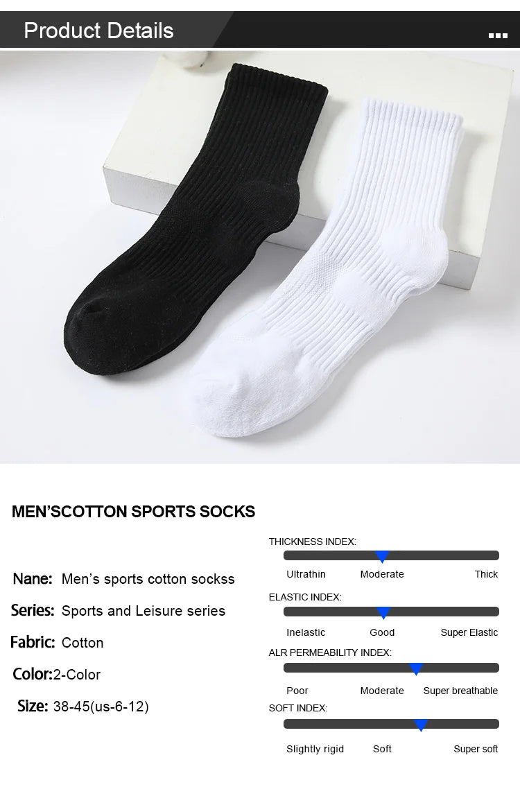 Mens Moisture Wicking Outdoor Hiking Work Cotton Socks Compression Cushion Crew Socks Leisure Men Black Socks 5 Pairs