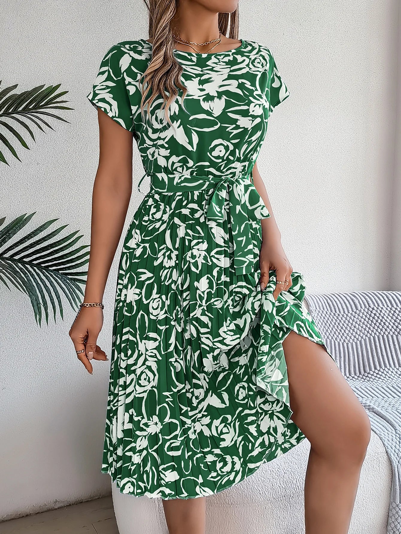 Spring Summer Elegant Flower Print Dress Short Sleeve Folded Dresses for Women Mother's Day