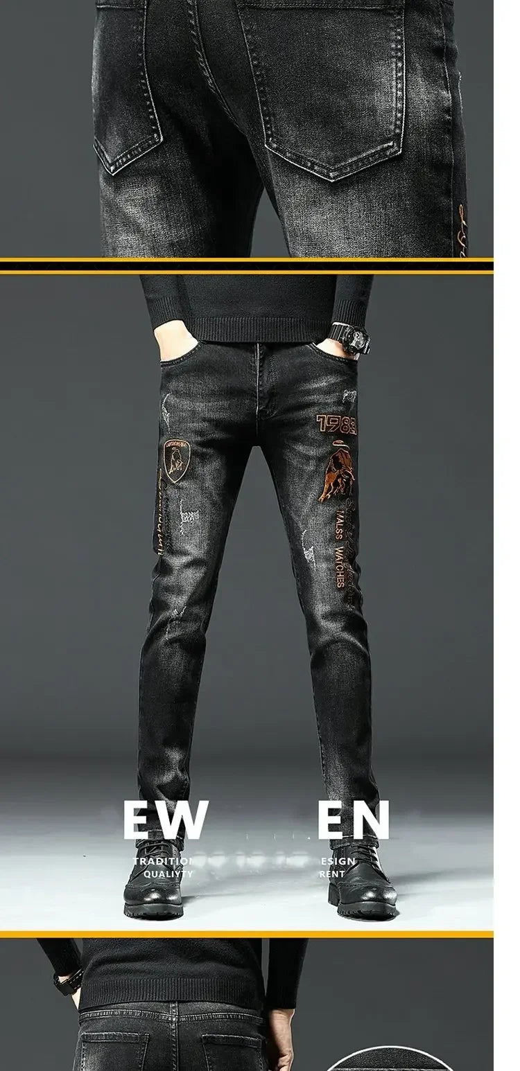 Trendy Black Embroidered Jeans For Men Casual Comfortable Slim Fit Printed Flexible Small Footwear Youth Fashion