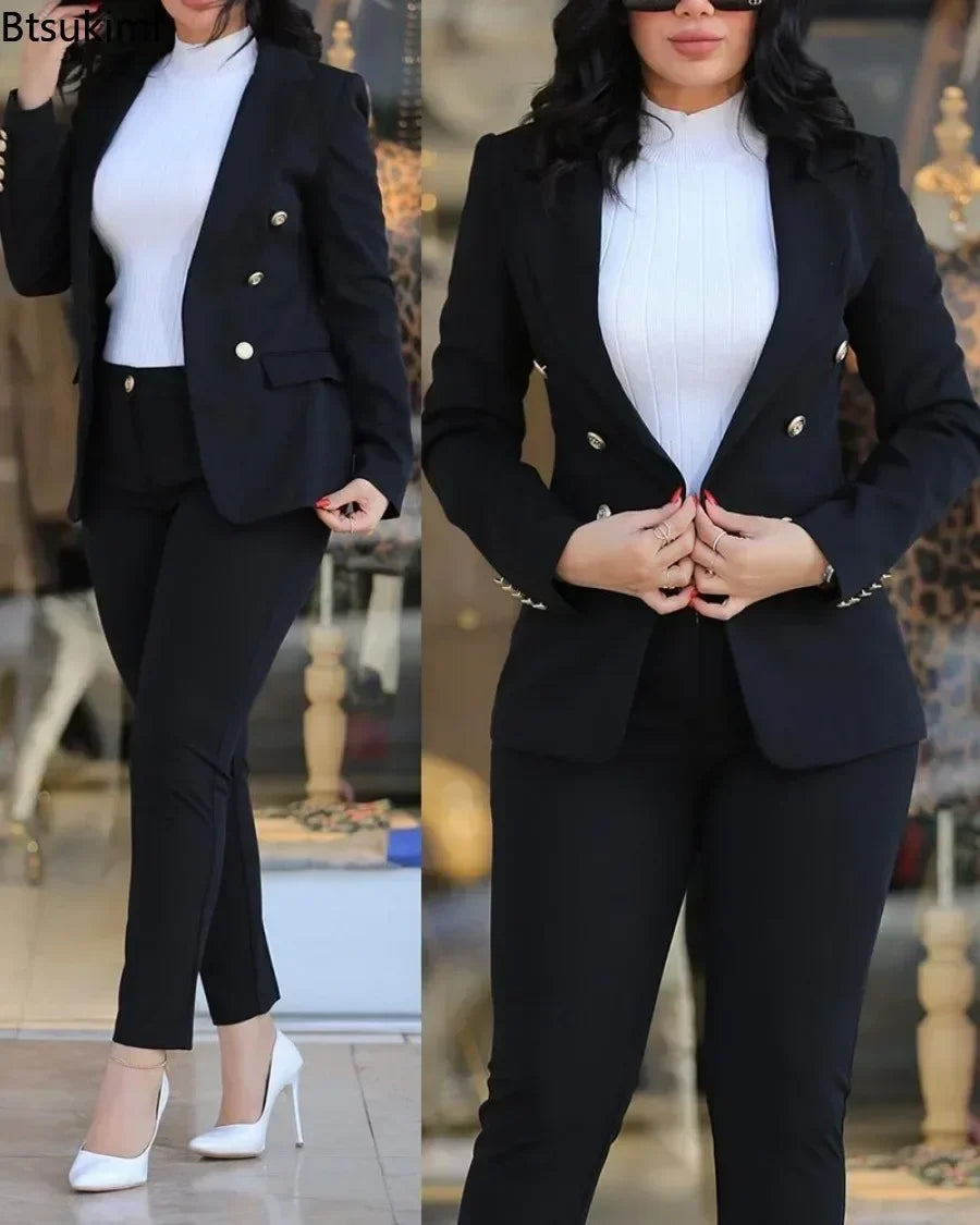 2024 New Women's Fashion Two Piece Sets Business Casual Women Long Sleeve Suit Coats and Pants Sets Office Ladies Formal Outfits