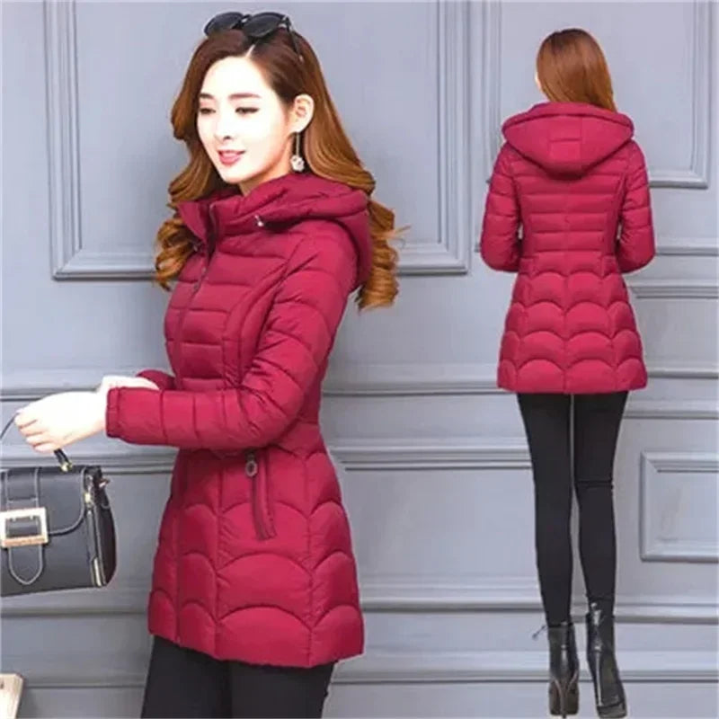 2024Fashion Middle Age Mother Slim Down Cotton Hooded Jacket Plus Size Casual Solid WarmThick Outwear Parka Winter Coat Women