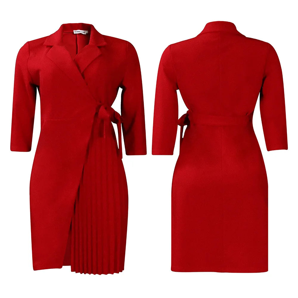 FairyShely 2025 Summer Solid Plus Size Folds Dress Women Long Sleeve Large Big Dresses Lady Belt Party Tight Curvy Short Dress