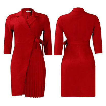 FairyShely 2025 Summer Solid Plus Size Folds Dress Women Long Sleeve Large Big Dresses Lady Belt Party Tight Curvy Short Dress
