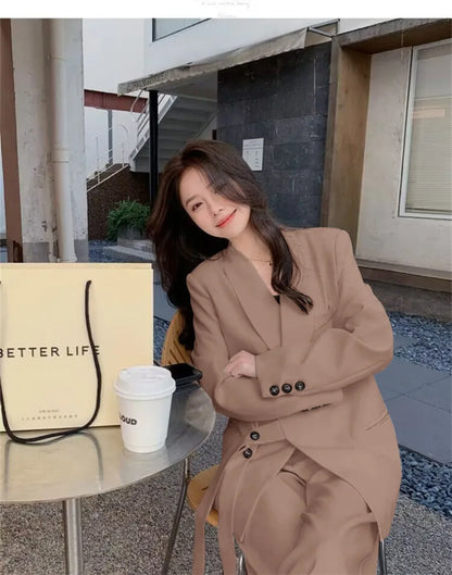 Women's Korean Fashion Long Sleeve Blazer And Wide Leg Pants Two-Piece Set Office Casual Loose Fit Spring Autumn Suits