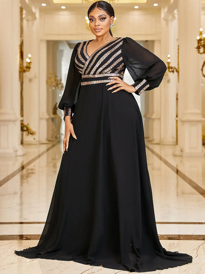Plus Size V Neck Stripe Sequined Chiffon Dress 5XL 6XL Big Size Black Maxi Long Sleeve Spring Gold Stripe Luxury Evening Dresses