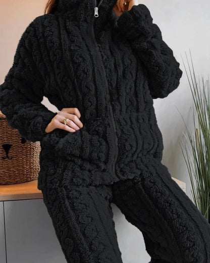 Thickened Warm 2Pcs Pajamas Set Jacquard Textured Stand Collar Zip Up Fuzzy Teddy Top & Pants Set Striped Nightwear Loungewear