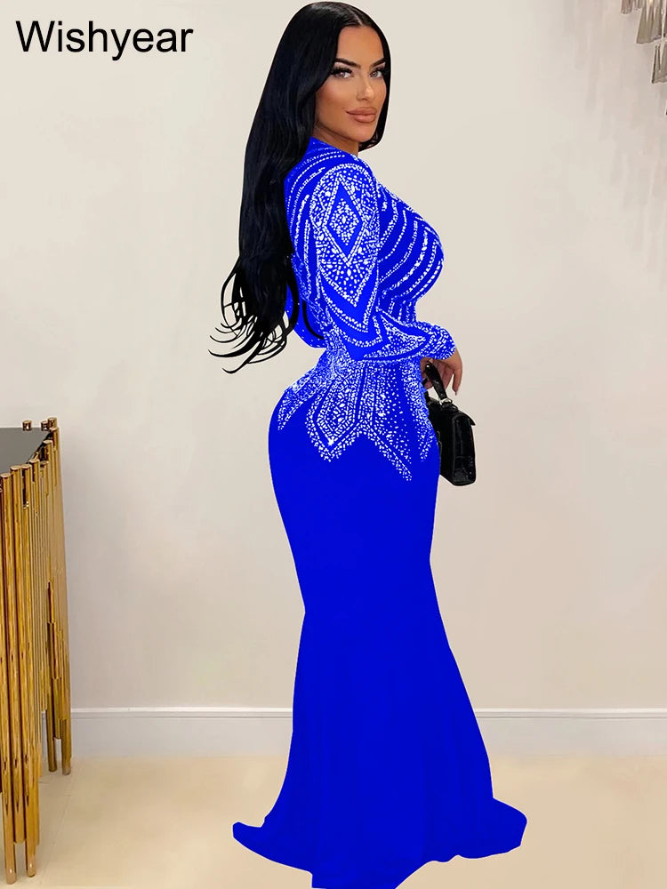 Wishyear Sexy Crystal Rhinestones Long Sleeve V Neck Mermaid Blue Maxi Dress Women Birthday Evening Luxury Celebrities Elegant