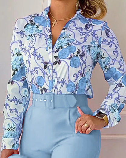 Women's Elegant Autumn/Winter Printed V-Neck Long Sleeve Button Shirt Top Fashion Solid Color Long Pants 2 Piece Set With Belt