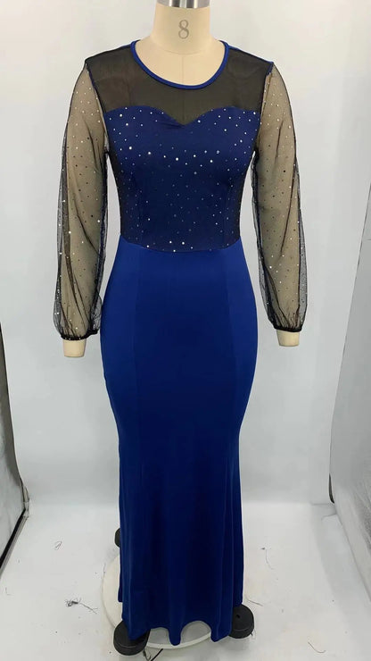 Mesh Patchwork Dress Womens Fashion Round Neck Long Sleeve Slim Elegant Dress Women
