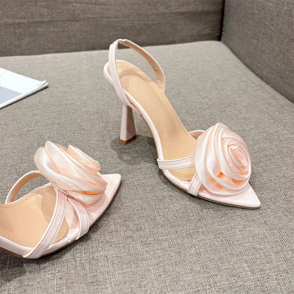 Liyke Summer Fashion Silk Rose Flowers Pointed Open Toe Back Strap Sandals Women Red High Heels Wedding Prom Shoes Zapatos Mujer