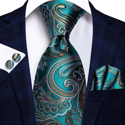 Hi-Tie Peacock Blue Novelty Designer Silk Wedding Tie For Men Hanky Cufflinks Gift Mens Fashion Necktie Set Business Party