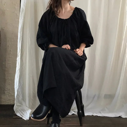 2025 New Spring Cotton Linen Dress for Women Solid Long Sleeve Drawstring Office Lady Elegant Maxi Dress