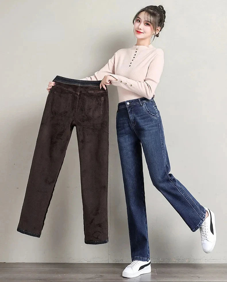 New Winter Thick Warm Fleece Women Straight Jeans Women Classic High Waist Thicken Fashion Warm Denim Pants Retro Cowboy Trouser