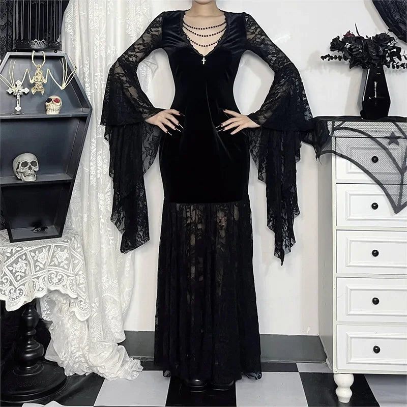 Y2K Goth Floral Lace Mesh Flared Sleeve Bodycon Party Dresses Sexy Vintage Elegant Black Velvet V-Neck Long Dress Partywear