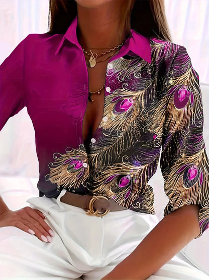 Peacock Print Casual Loose Women's Shirt 2023 Autumn Vintage Women's Oversized Shirts and Blouses Fashion Elegant Women's Tops