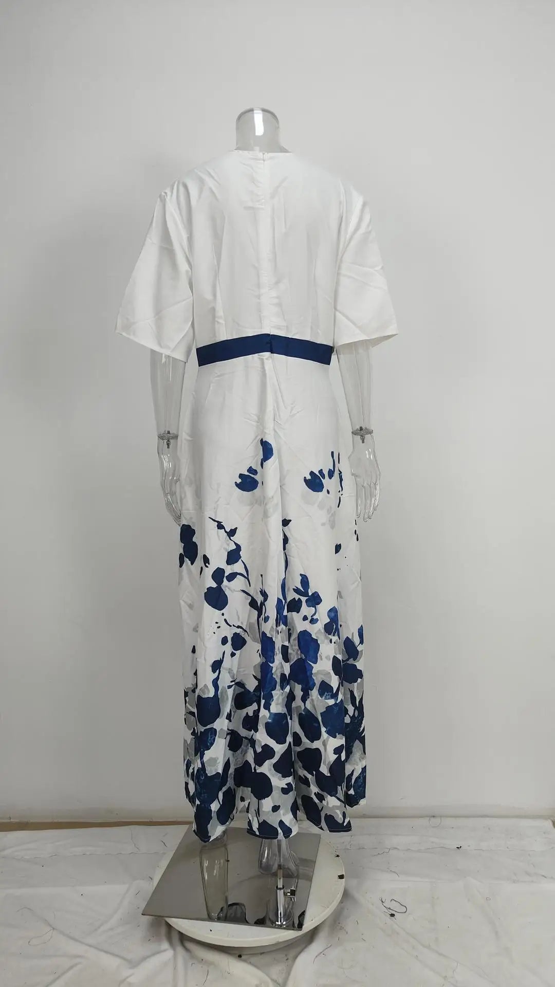 Spring Summer Women Fashion V Neck Belted Party Long Dress Sexy Printing  Boho Maxi Dresses Short Sleeve Pocket Femlae Holiday