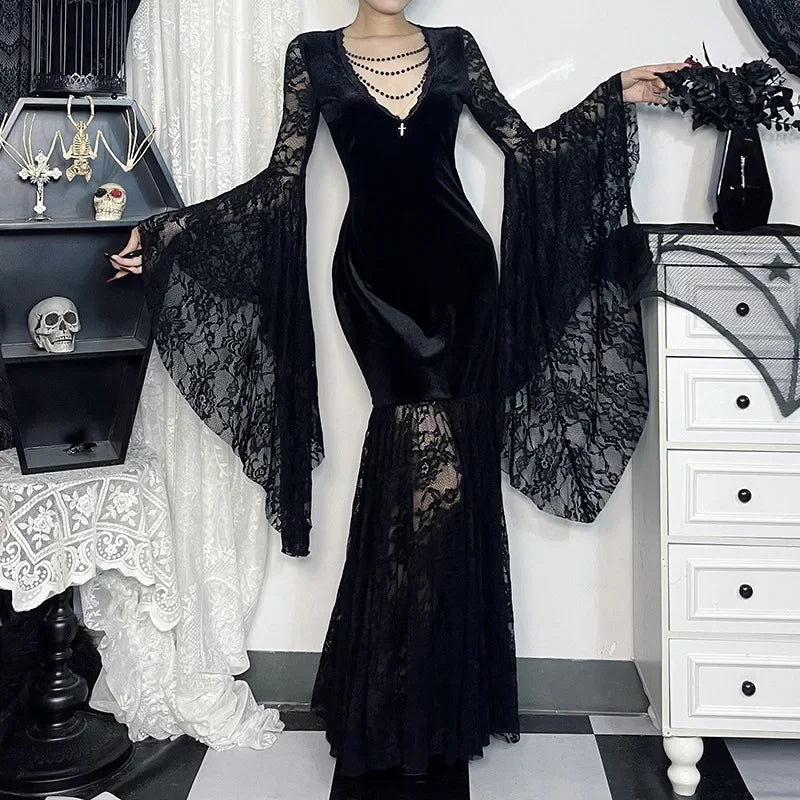 Y2K Goth Floral Lace Mesh Flared Sleeve Bodycon Party Dresses Sexy Vintage Elegant Black Velvet V-Neck Long Dress Partywear