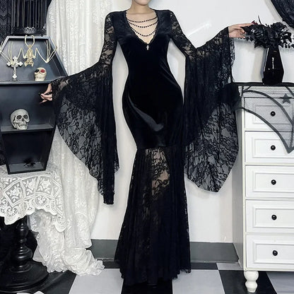 Y2K Goth Floral Lace Mesh Flared Sleeve Bodycon Party Dresses Sexy Vintage Elegant Black Velvet V-Neck Long Dress Partywear