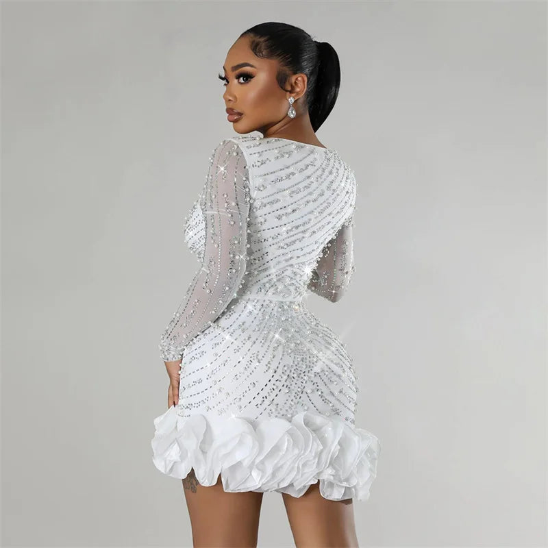 2024 New Women Mesh Sleeve Bodycon Sexy Diamonds Birthday Party Dress Tierred Ruffles Rhinestone Pearls Night Club Dress Pink